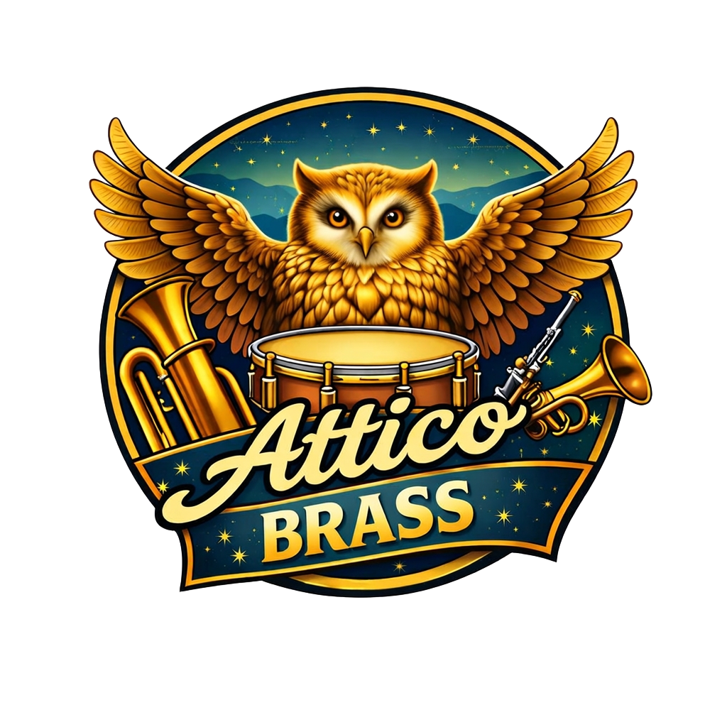 Logo Attico Brass : un hibou entouré d'instruments à vent et d'une batterie